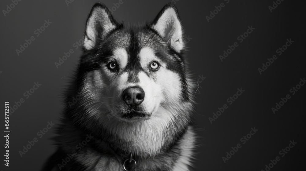 Obraz premium Close up photo of Alaskan Malamute dog with black and white fur sitting in studio and gazing at the camera