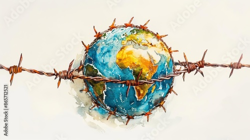 Watercolor Earth with barbed wire on white background