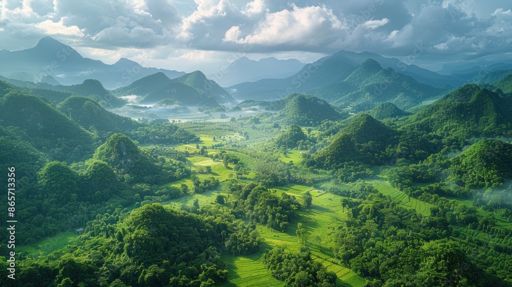 Birds-eye shot of the serene landscape around Phu Phan National Park Birds-eye shot of the serene landscape around Phu Phan National Park