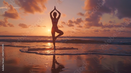 Silhouette of a woman practicing yoga on the beach at sunset. © AiStock