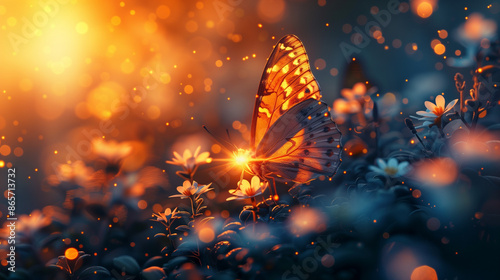 Butterfly on a flower at sunset, capturing the serene beauty of nature.