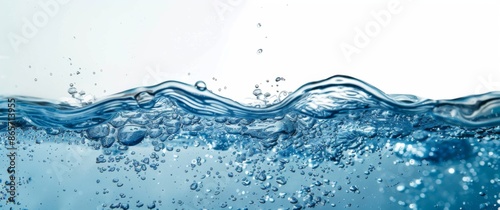 Clear Water with Ripples and Bubbles on White Background. Light Blue Water Wave with Droplets Falling, Creating a Peaceful Ocean-Like Atmosphere.