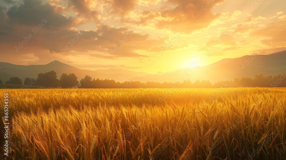 A field of golden wheat with a bright orange sun in the sky A field of golden wheat with a bright orange sun in the sky