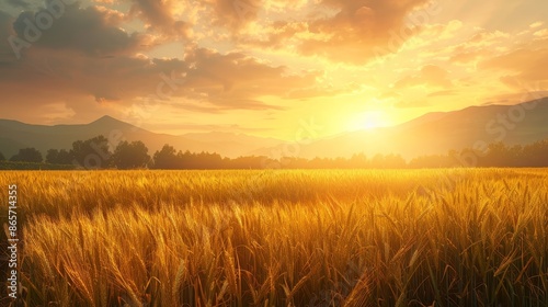 A field of golden wheat with a bright orange sun in the sky
