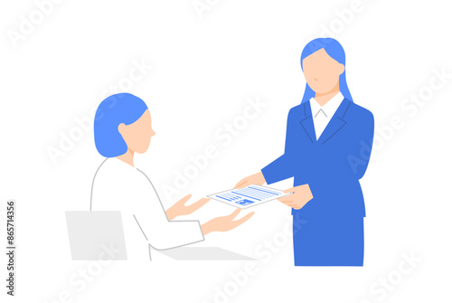 面接官に履歴書を渡す女性。ビジネスシーンのイラスト