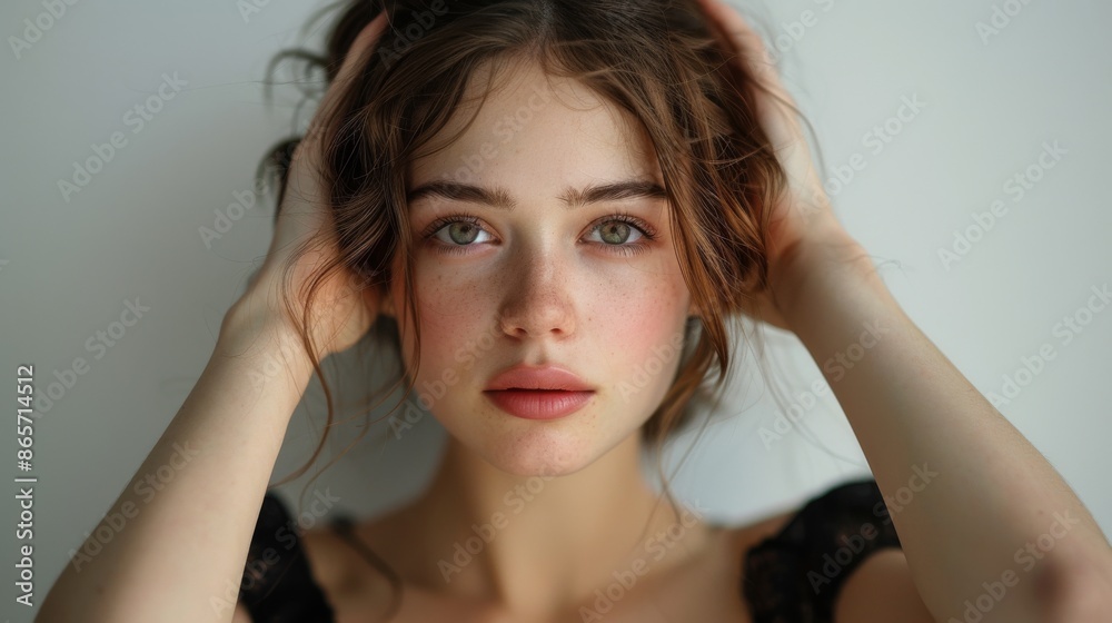 Deep sorrow expression, hands gently cupping her face, against a stark white background, Deep sorrow expression, hands gently cupping her face, against a stark white background,