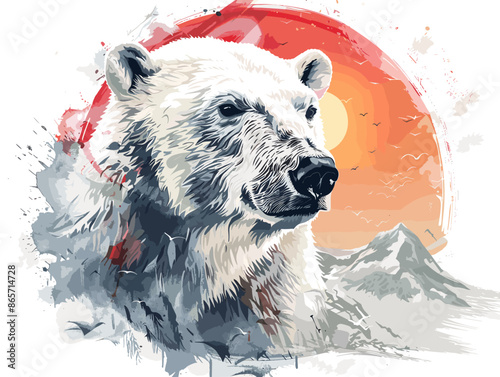 A polar bear is staring at the camera with a mountain in the background. The sky is orange and the sun is setting