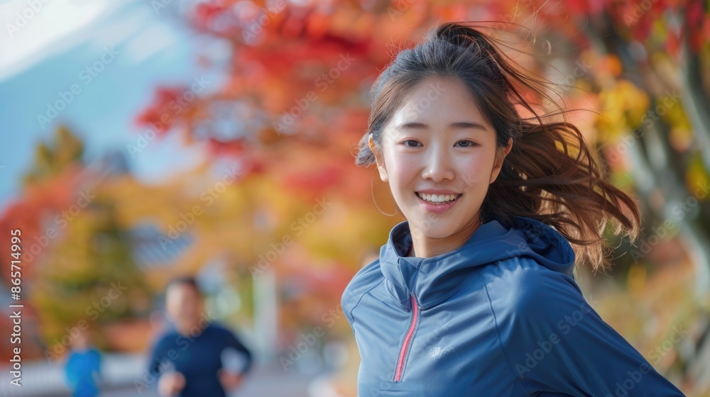 Healthy smiling Asian woman jogging for exercise on track in park together with friends at background while they travel together Healthy smiling Asian woman jogging for exercise on track in park together with friends at background while they travel together
