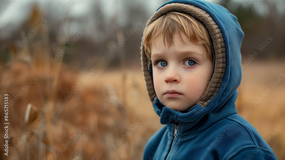 Portrait of sad little boy wearing blue hoodie looking at camera in the autumn field, photo style. Portrait of sad little boy wearing blue hoodie looking at camera in the autumn field, photo style.