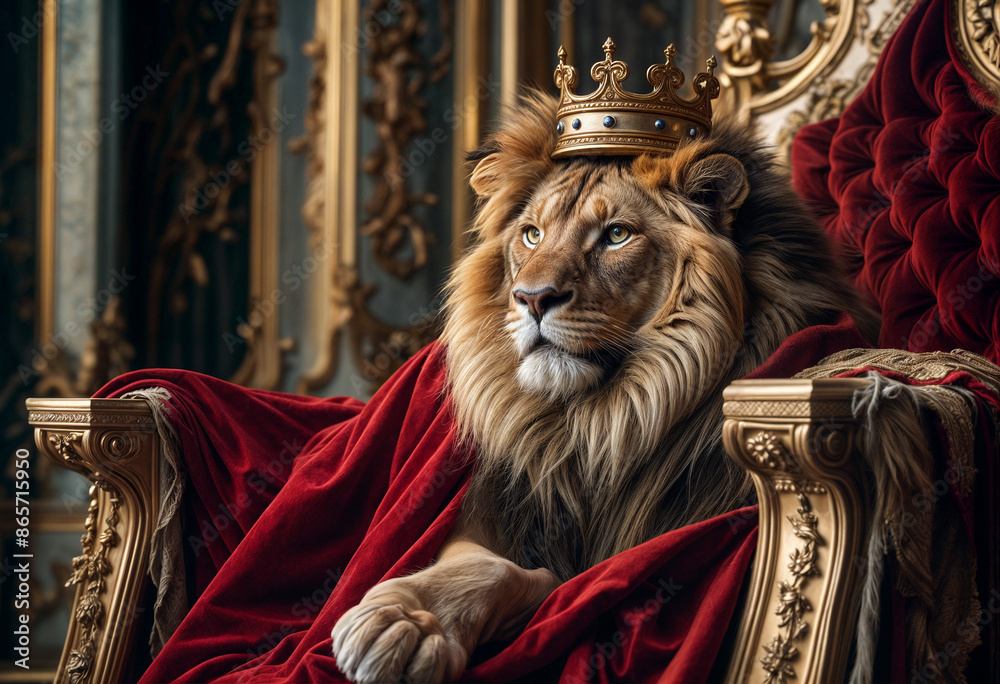 lion sits on the royal throne in a red cloak with a crown on his head ...