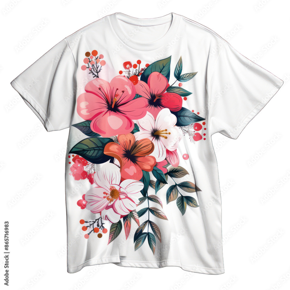 white t shirt with flowers isolated on White Background white t shirt with flowers isolated on White Background