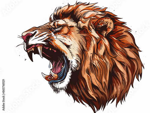 A lion with its mouth wide open, showing its teeth. The lion is angry and ready to attack