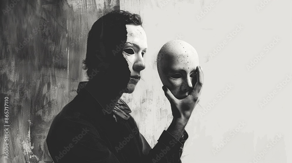 Surreal scene of a man in dark covering his face with fake mask, concept of pretending, hiding personality, social rule, dual personality, anti social. Surreal scene of a man in dark covering his face with fake mask, concept of pretending, hiding personality, social rule, dual personality, anti social.