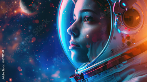 Woman astronaut portrait against stars in outer space, girl in futuristic helmet looks at fantasy world. Theme of young people, face, future, scifi movie background