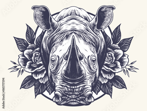 A rhino with a rose on its face. The rhino is surrounded by flowers and leaves