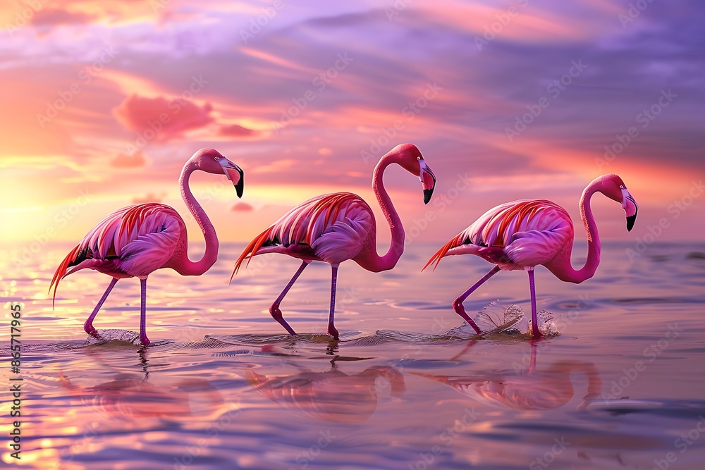 Obraz premium flamingos wading a shallow lagoon at sunrise highlighting the grace of nature and wildlife