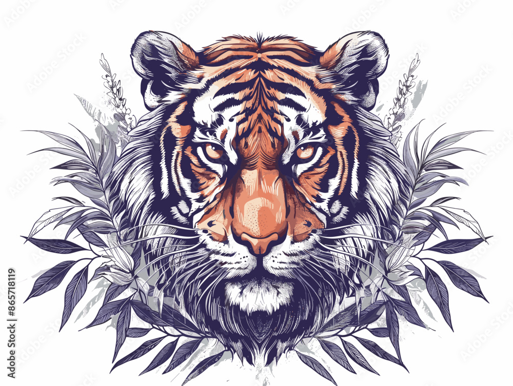 A tiger with a leafy background. The tiger has a very large and prominent eye. The tiger is the main focus of the image A tiger with a leafy background. The tiger has a very large and prominent eye. The tiger is the main focus of the image