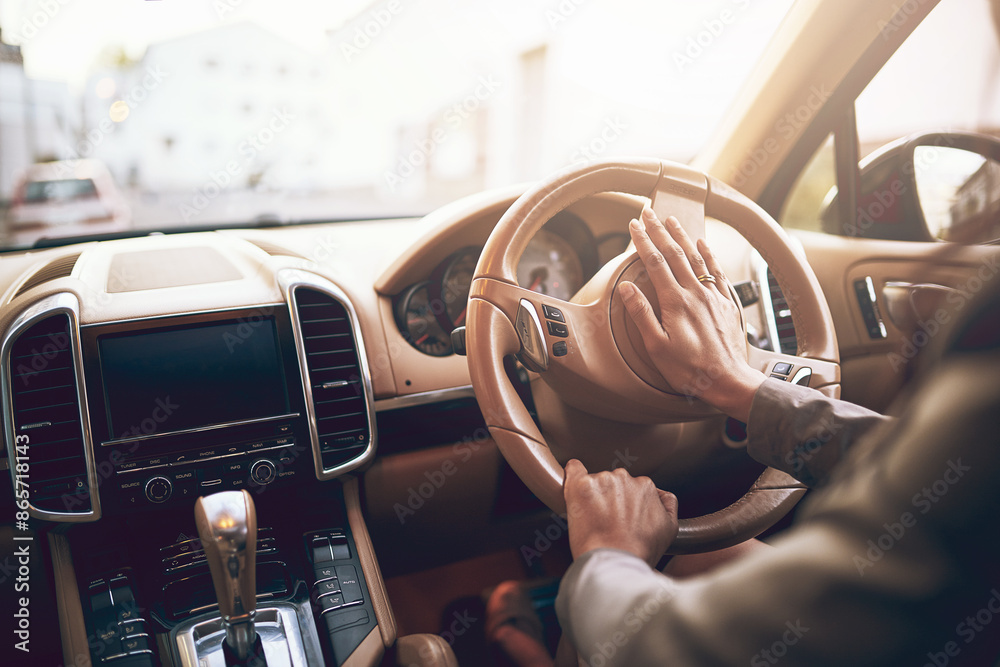 Obraz premium Hands, car and person on steering wheel with drive for roadtrip, travel and adventure. Driver, road and vehicle or transport with commuting for journey, getaway and holiday with pressing horn