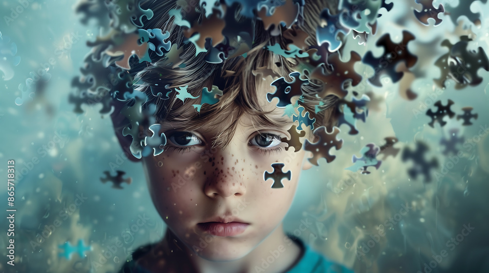 A boy with puzzle pieces floating around his head, symbolizing the mystery of madness, in an ethereal and dreamy style. A boy with puzzle pieces floating around his head, symbolizing the mystery of madness, in an ethereal and dreamy style.