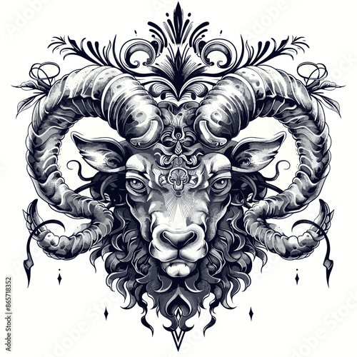 A ram with horns and a skull on its forehead. The ram is black and white
