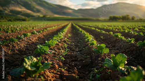 Freshly planted fields rows of crops applying a polarizing filter to reduce glare