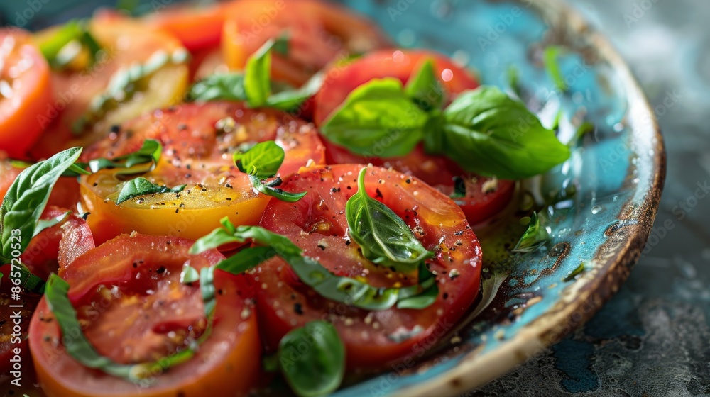 Vibrant Contrast: Close-up of a bright red tomato salad with deep green basil on a rustic blue pottery plate Vibrant Contrast: Close-up of a bright red tomato salad with deep green basil on a rustic blue pottery plate