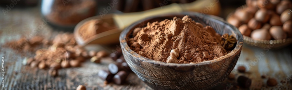 Cocoa powder in wooden bowl with nuts Cocoa powder in wooden bowl with nuts