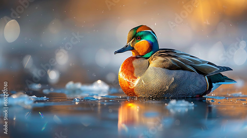 Gliding gracefully over frozen water of Lake Baikal vibrant color of Baikal Teal catch winter sunlight iridescent green bronze plumage rare bird add burst of color wintry landscape captured vivid photo