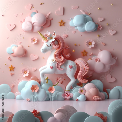 White unicorn in hearts with tail and mane on pink background. Pink clouds on a blue pedestal. Illustration in 3D style. Postcard photo