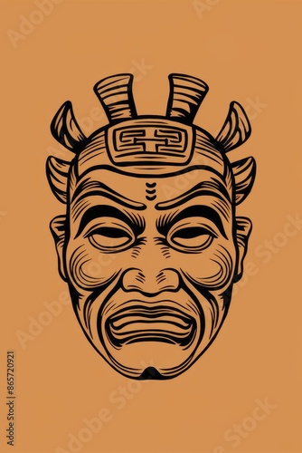 Intricate Tribal Mask Illustration on Orange Background photo