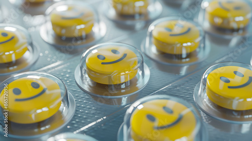 Pill tab packaging, Yellow pills with smiley faces symbolizing antidepressant medication 