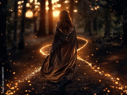 Enchanting Woman Walking Through Magical Forest at Sunset with Glowing Path