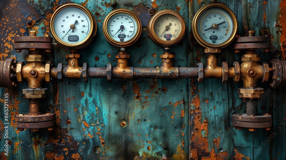 A detailed view of an interior in the steampunk style featuring an array of vintage pressure gauges mounted on rustic pipes and valves A detailed view of an interior in the steampunk style featuring an array of vintage pressure gauges mounted on rustic pipes and valves