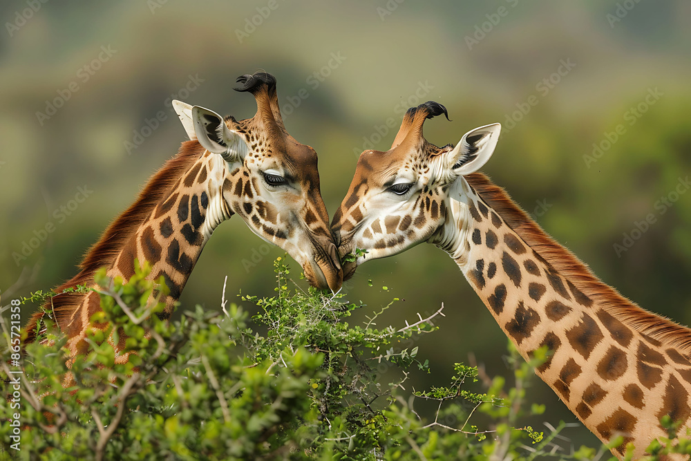 Fototapeta premium Graceful giraffes feeding acacia trees demonstrating the harmony of nature and wildlife 