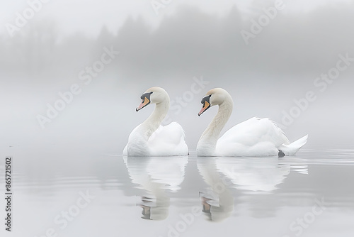 mute swans swimming a calm lake highlighting the tranquility of nature and wildlife applying a soft focus filter for a serene atmosphere