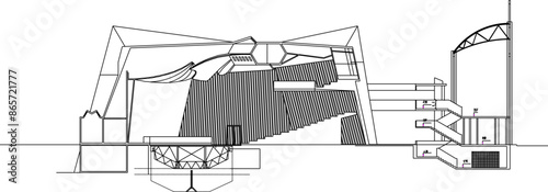 Vector silhouette illustration sketch of detailed architectural engineering design of the modern auditorium building section