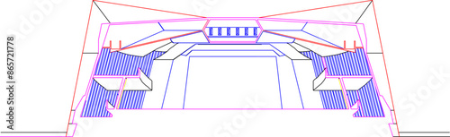 Vector silhouette illustration sketch of detailed architectural engineering design of the modern auditorium building section