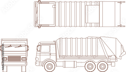 Vector silhouette illustration sketch of detailed design of a garbage truck for dumping into an active waste landfill