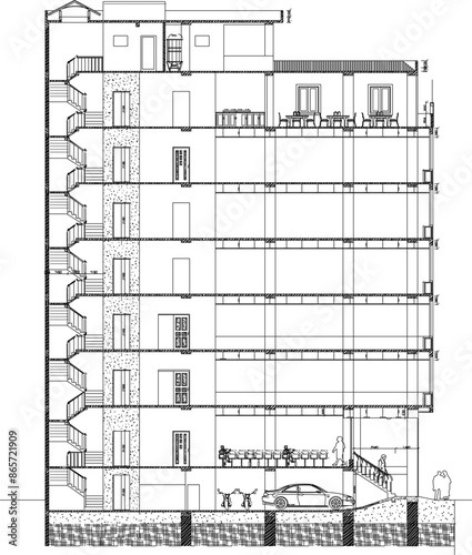 Vector silhouette illustration sketch, detailed architectural engineering design section of a multi-storey building, hotel, apartment