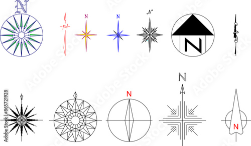 Vector silhouette illustration sketch, detailed design, logo icon, cardinal direction symbol, compass, modern style 