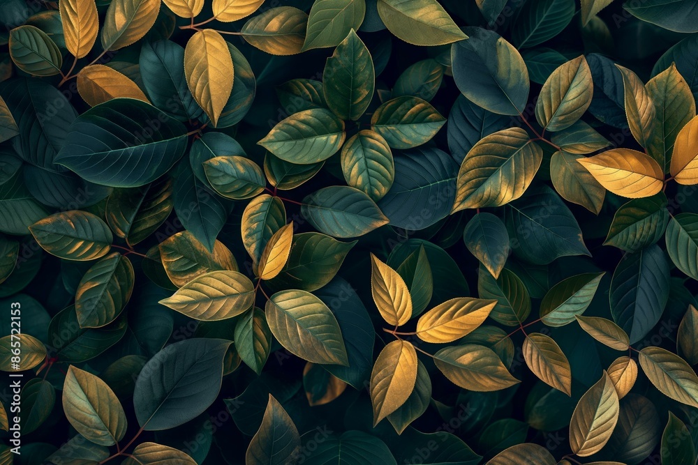 A collection of gold and green leaves on a dark blue background. A collection of gold and green leaves on a dark blue background.
