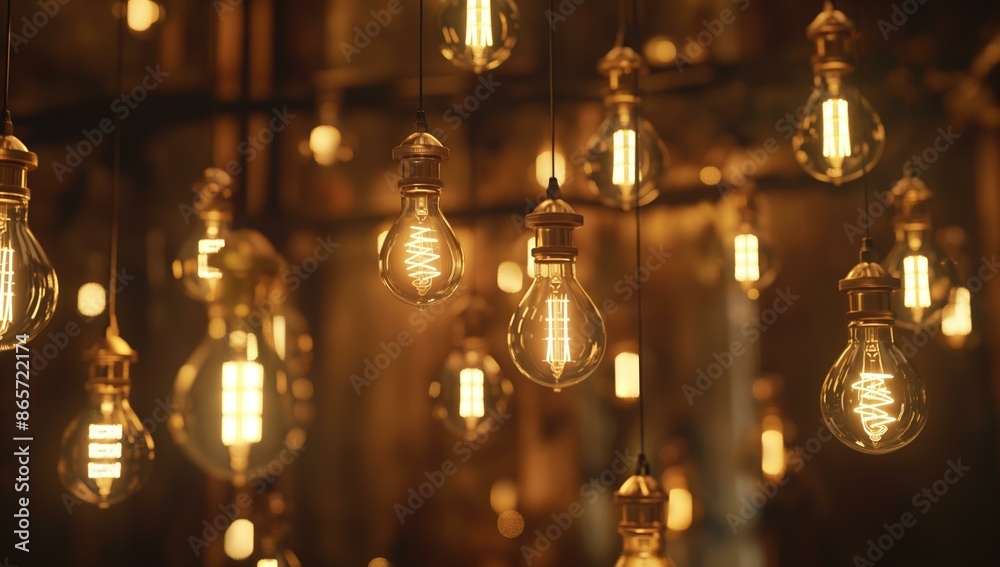 beautifully designed light bulbs of various sizes hanging, emitting a warm, golden glow. The background is out of focus with a soft, ambient light, enhancing the elegant and cozy atmosphere. beautifully designed light bulbs of various sizes hanging, emitting a warm, golden glow. The background is out of focus with a soft, ambient light, enhancing the elegant and cozy atmosphere.