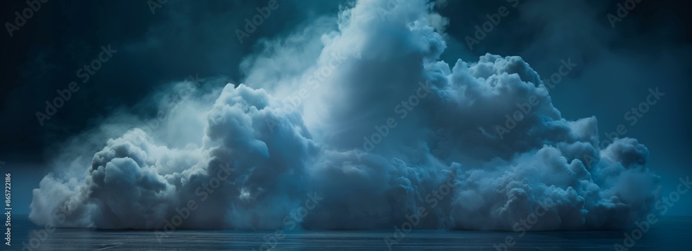 Obraz premium A large, dense cloud of smoke on the ground with a dark and moody background.