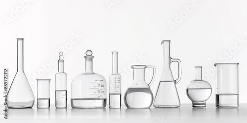 Assorted laboratory glassware equipment in a row isolated no white background, Stage showcase cosmetics on glass pedestal modern in laboratory equipment. 