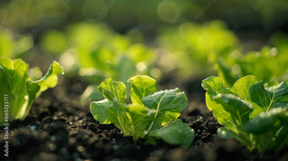 Young Lettuce Seedlings Growing in Soil with Morning Dew - Generative AI