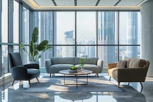 Light meeting room interior with couch, armchair and panoramic window