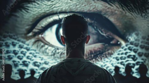 Man Facing Giant Eye, Conspiracy Fake News Concept photo