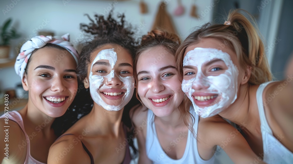 Cheerful young women exchanging kisses and taking selfies at home with facial masks for skincare Cheerful young women exchanging kisses and taking selfies at home with facial masks for skincare