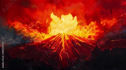 Fierce bursts of fiery red yellow and orange paint the sky as the volcano releases its pentup energy. photo