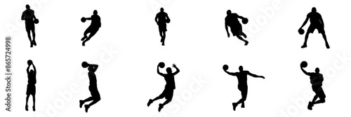 Group Basketball Player Black Silhouette On White Background